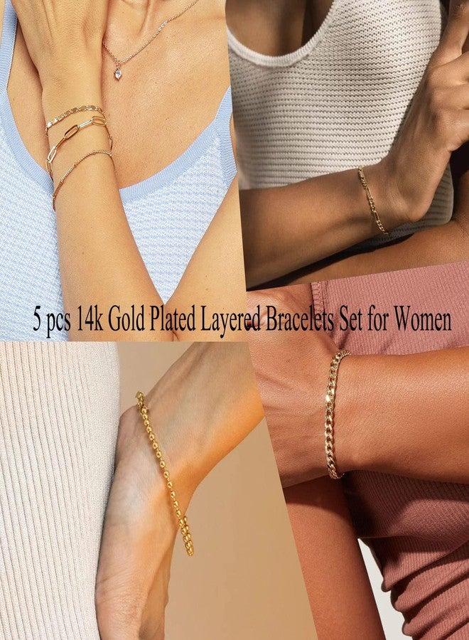 Gokeey Dainty 14K Real Gold Plated Bracelets Set for Women，Stackable Beaded Cuban Chain Link Layered Gold Bracelet for Women Trendy Gold Jewelry 5pcs - Image 3